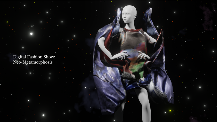 An image of digital origami draped over a gray, gender neutral model. 